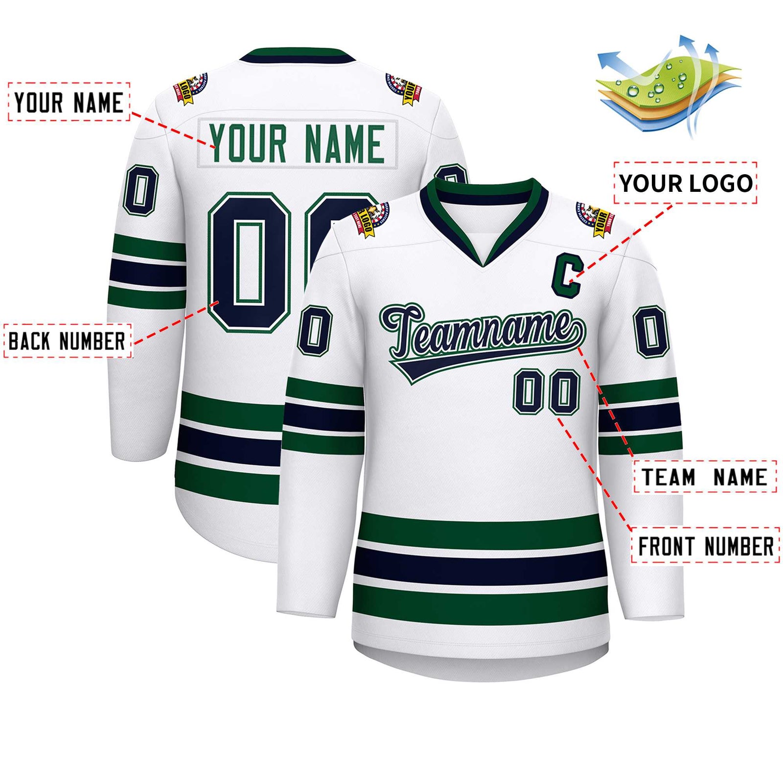 Custom White Navy White-Green Classic Style Hockey Jersey