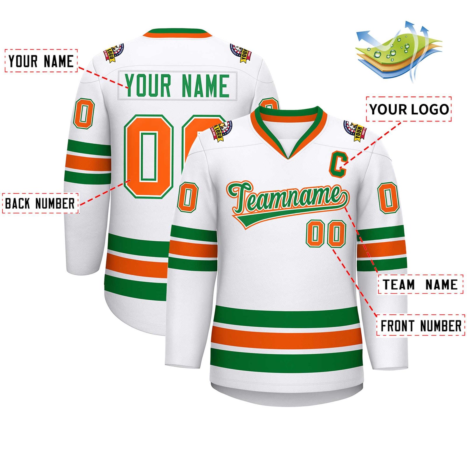 Custom White Kelly Green White-Orange Classic Style Hockey Jersey