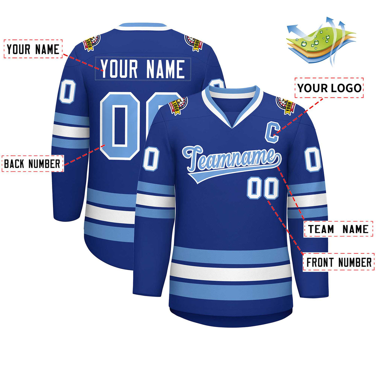 Custom Royal Light Blue-White Classic Style Hockey Jersey