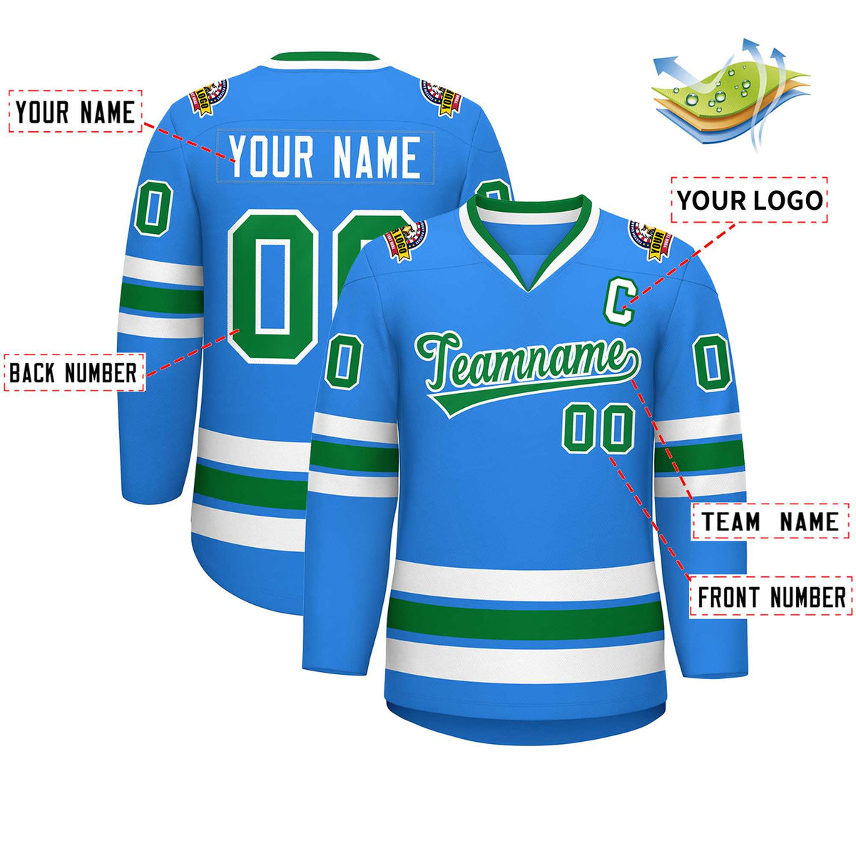 Custom Powder Blue Kelly Green-White Classic Style Hockey Jersey