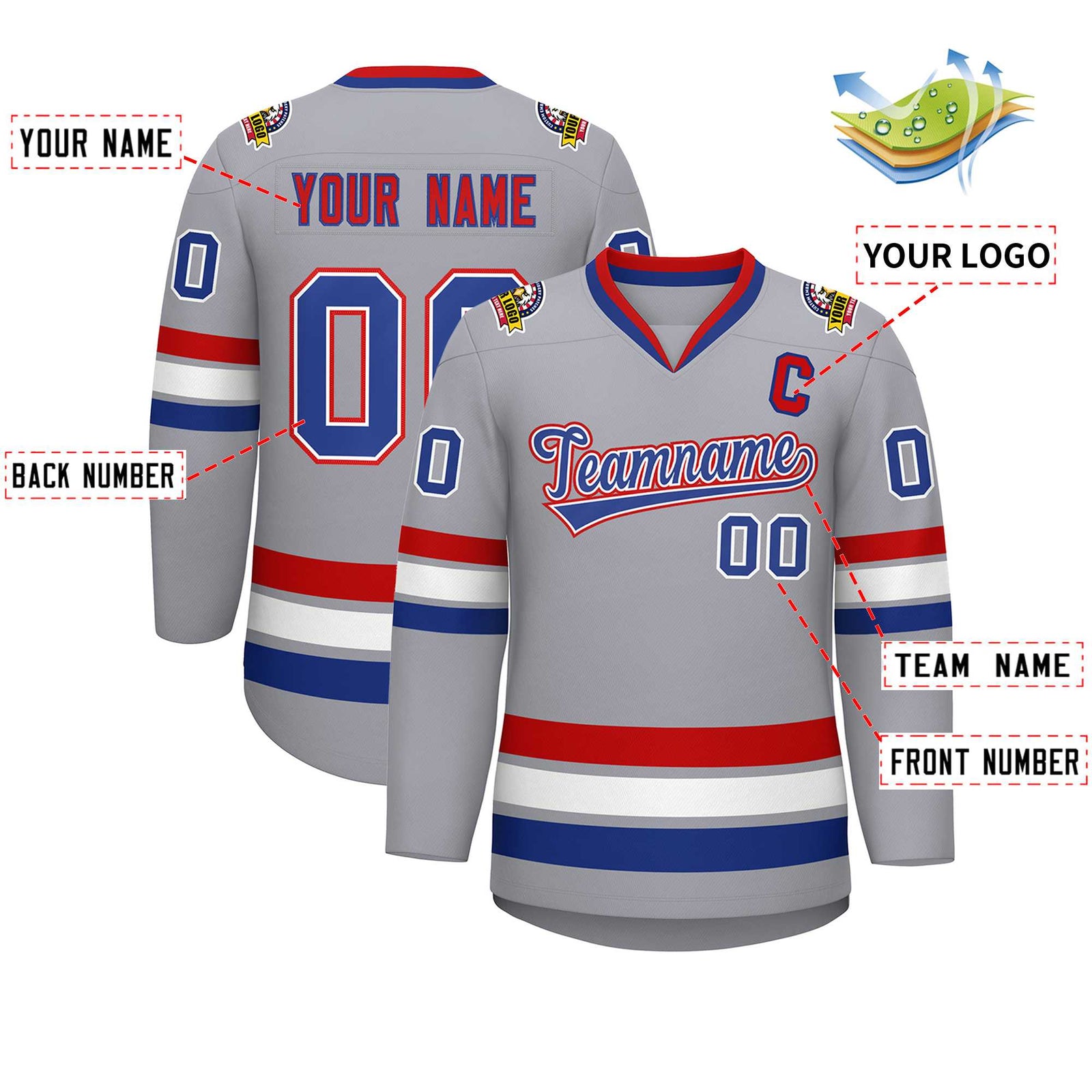 Custom Gray Royal White-Red Classic Style Hockey Jersey