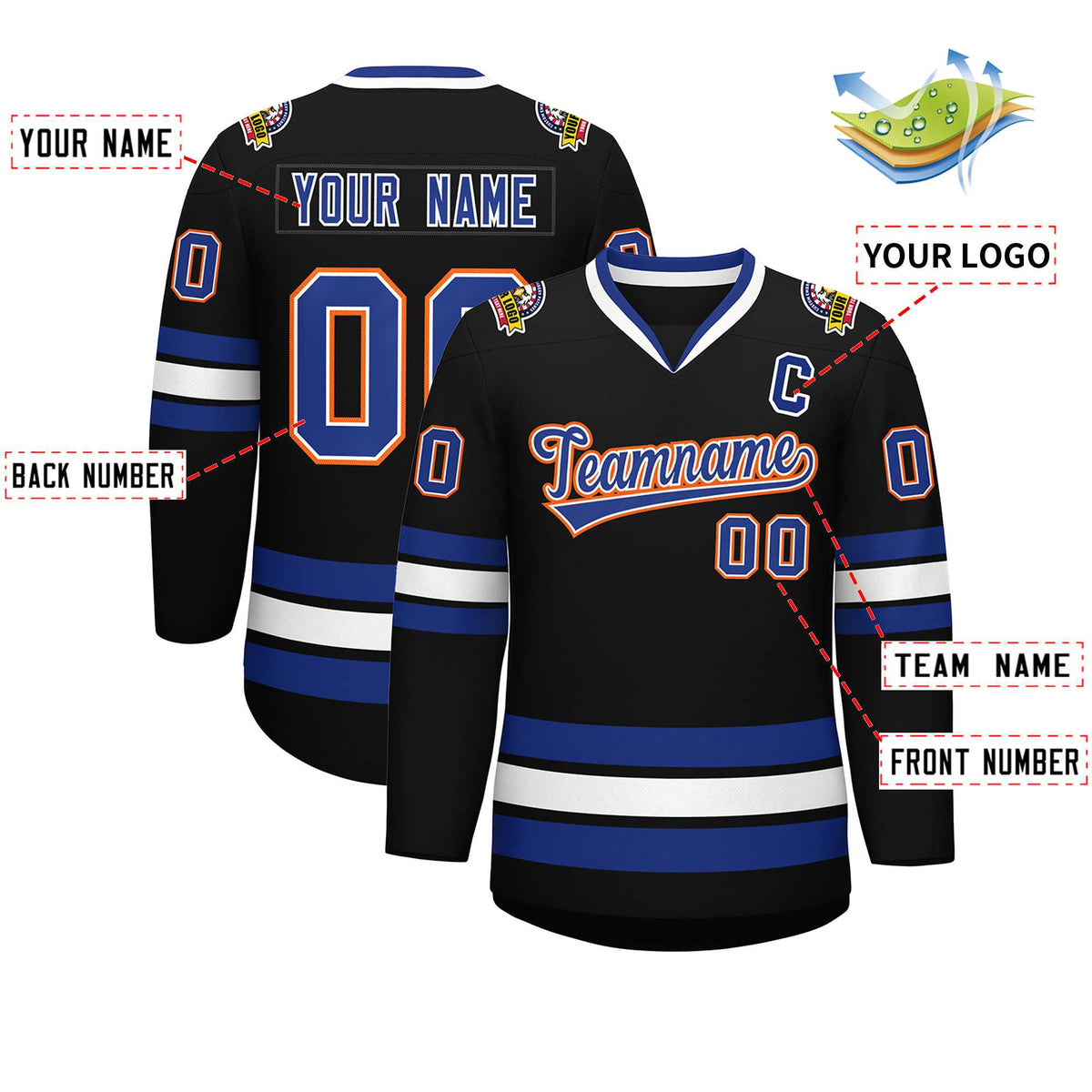 Custom Black Royal White-Orange Classic Style Hockey Jersey