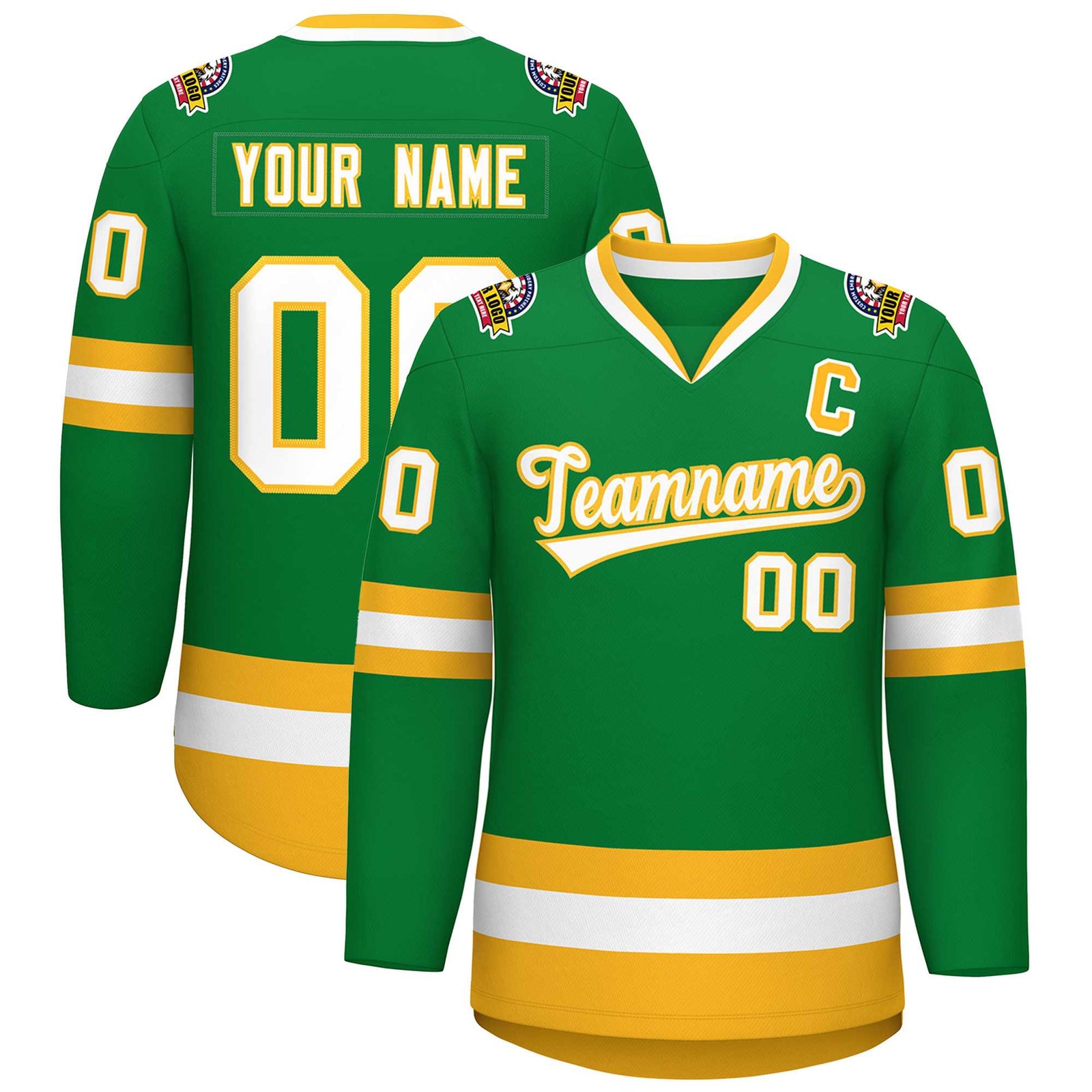 Custom Kelly Green White-Gold Classic Style Hockey Jersey