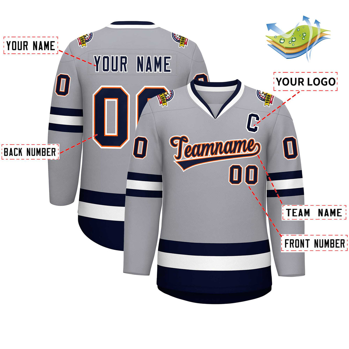 Custom Gray Navy Orange-White Classic Style Hockey Jersey