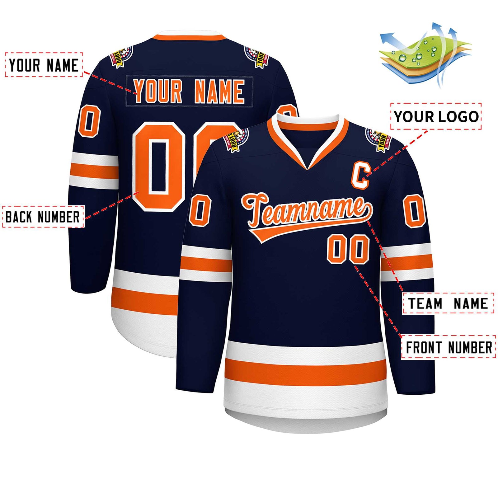 Custom Navy Orange-White Classic Style Hockey Jersey