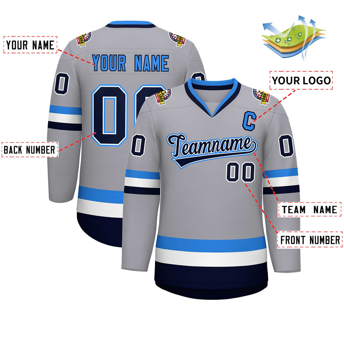 Custom Gray Navy White-Powder Blue Classic Style Hockey Jersey