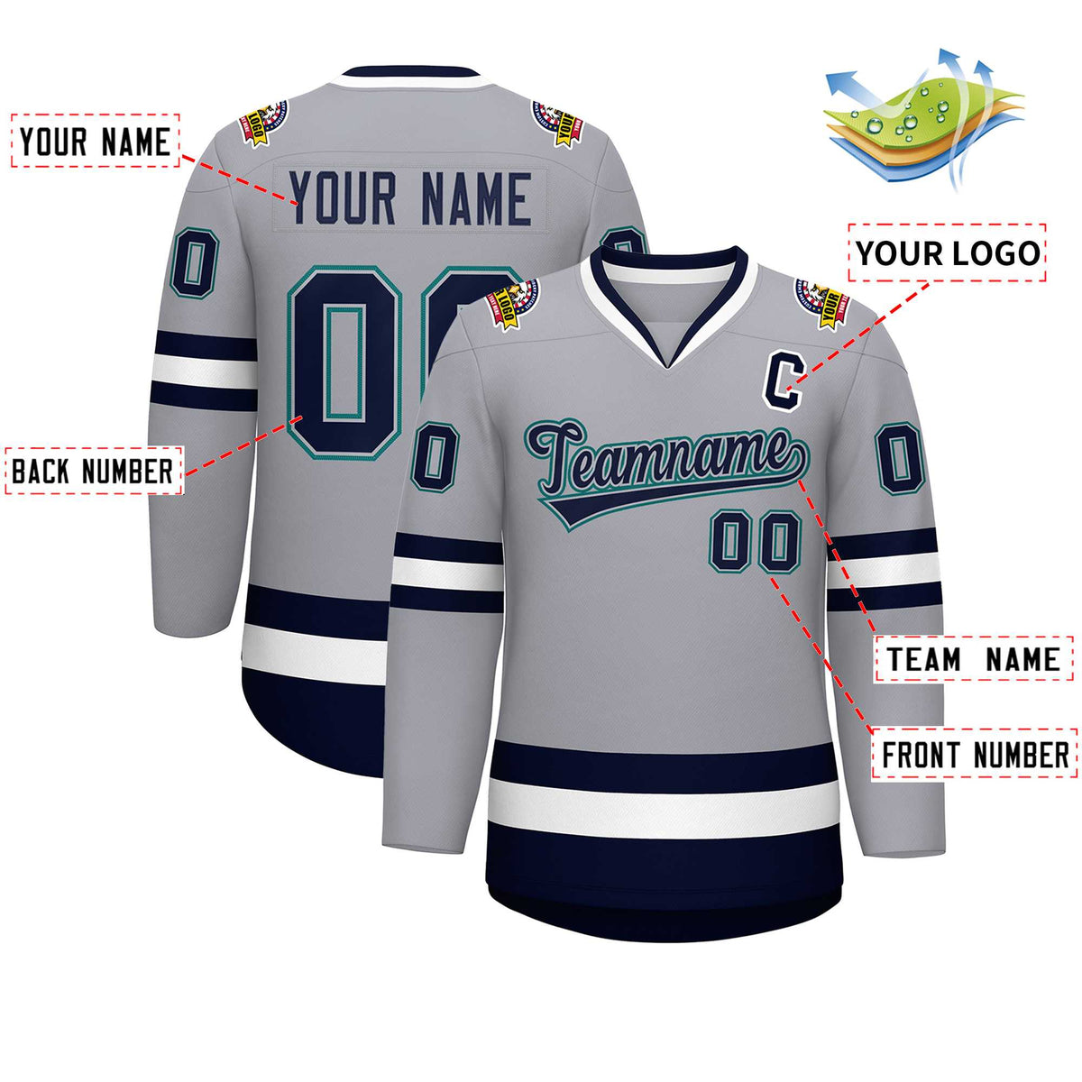 Custom Gray Navy Gray-Aqua Classic Style Hockey Jersey