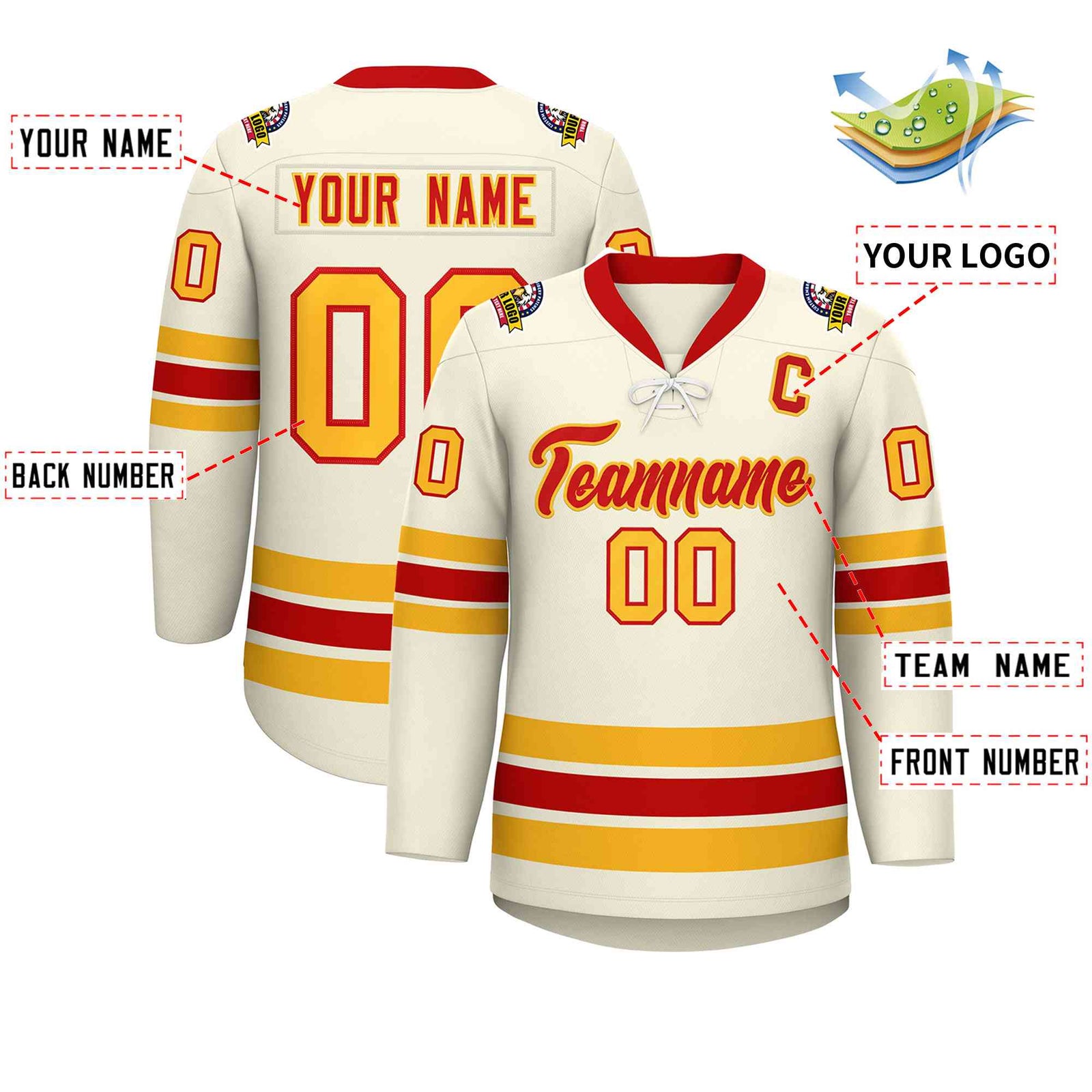 Custom Cream Red-Yellow Lace-Up Neck Hockey Jersey
