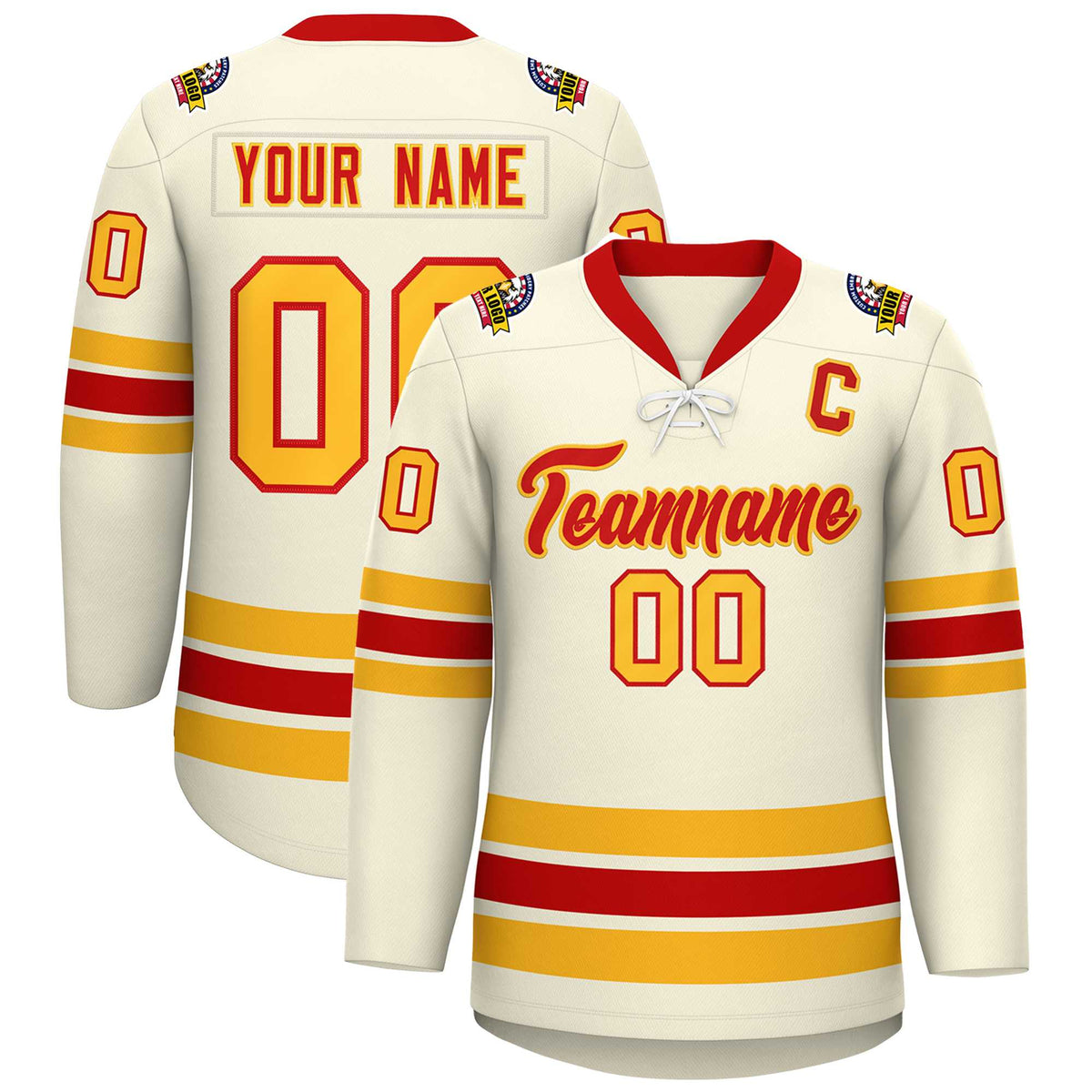 Custom Cream Red-Yellow Lace-Up Neck Hockey Jersey