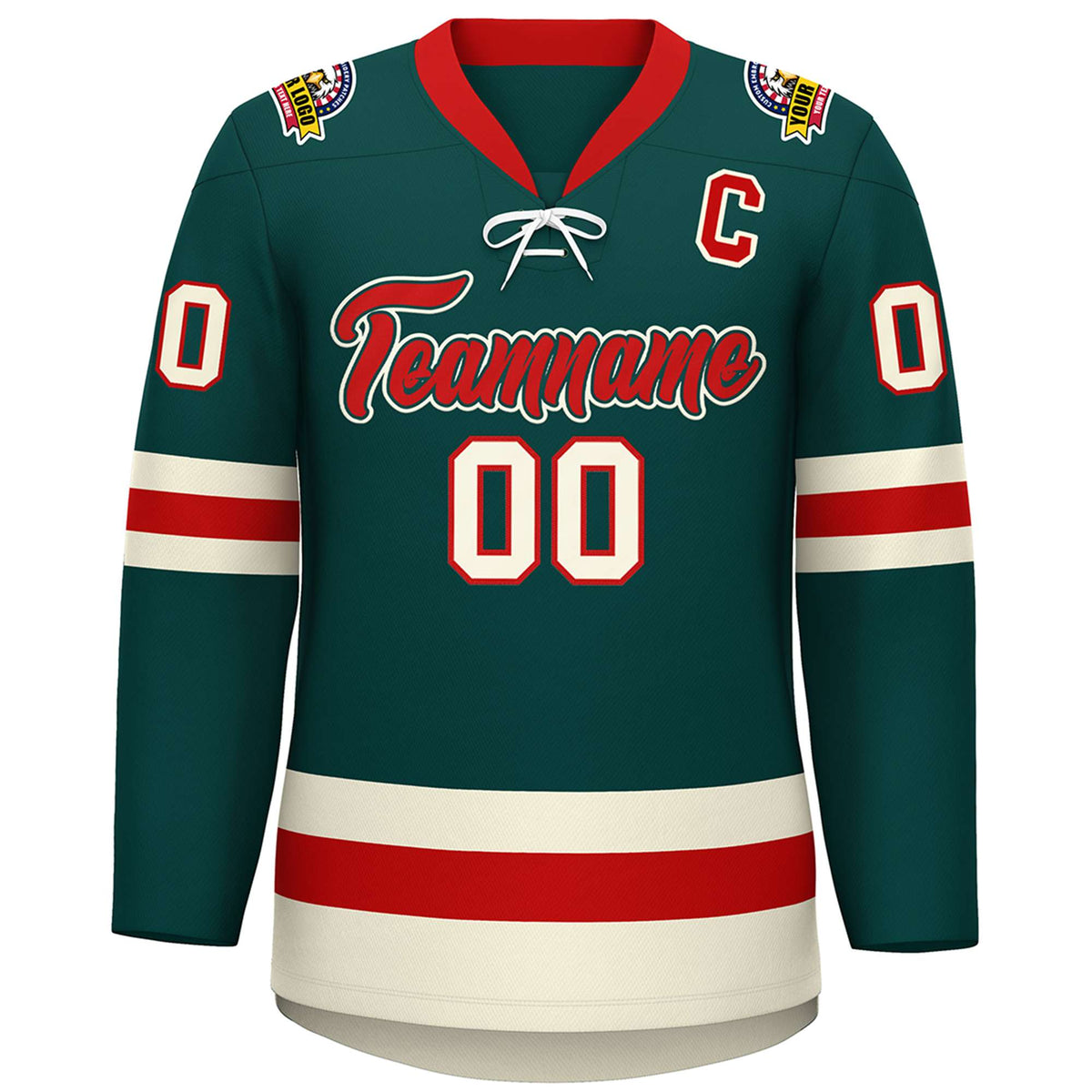 Custom Midnight Green Red-Cream Lace-Up Neck Hockey Jersey