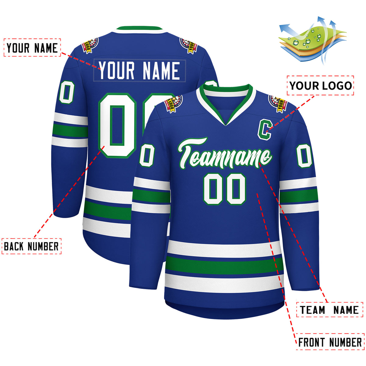 Custom Royal White-Kelly Green Classic Style Hockey Jersey
