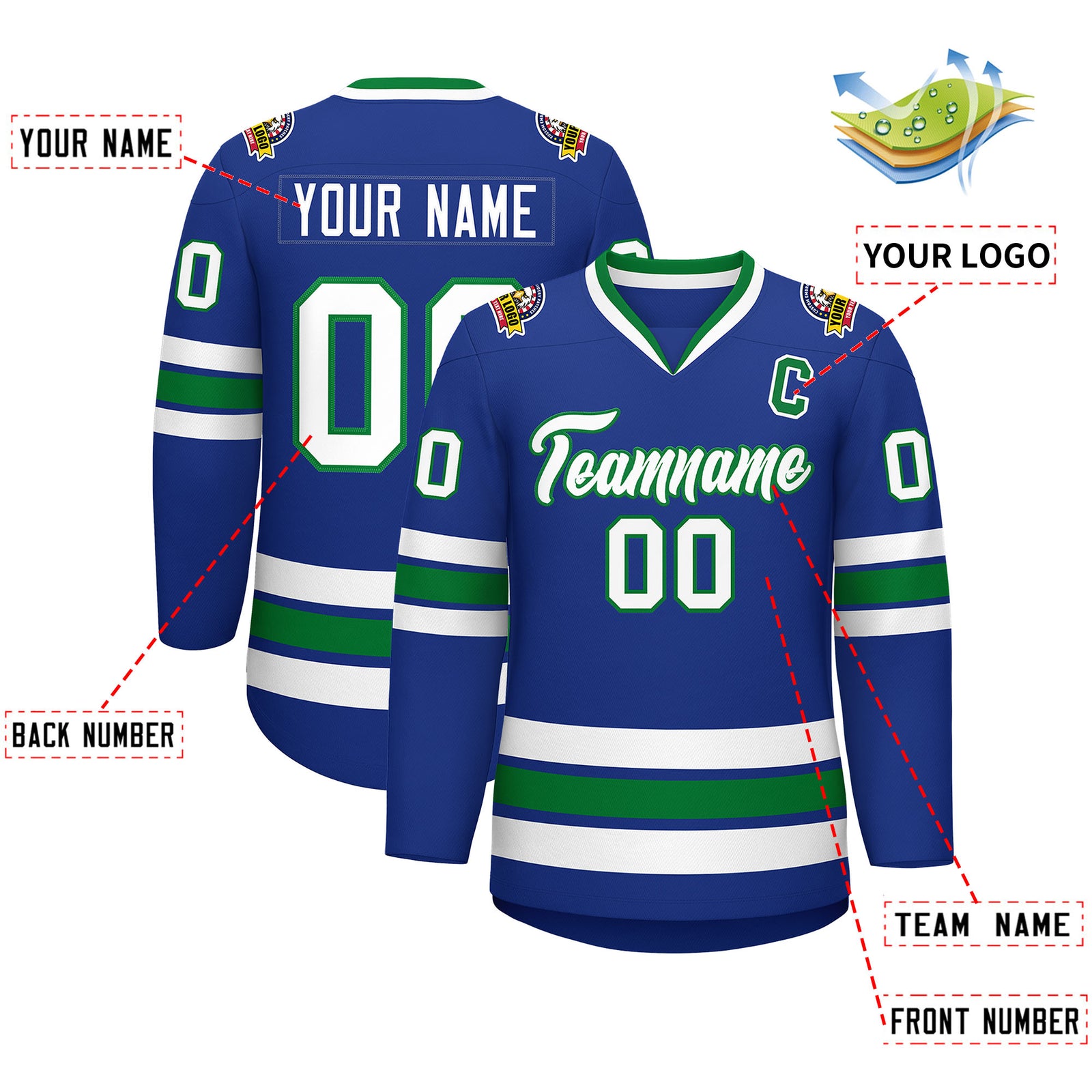 Custom Royal White-Kelly Green Classic Style Hockey Jersey