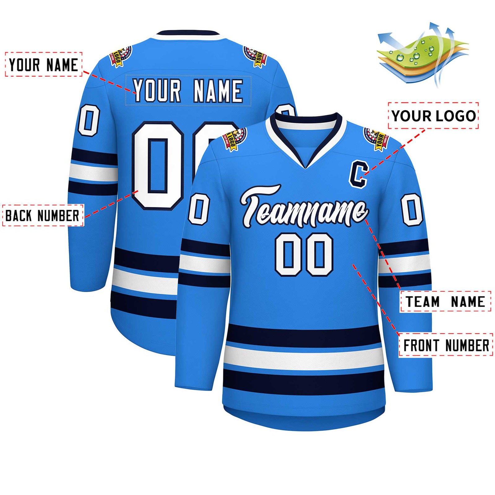 Custom Powder Blue White-Navy Classic Style Hockey Jersey