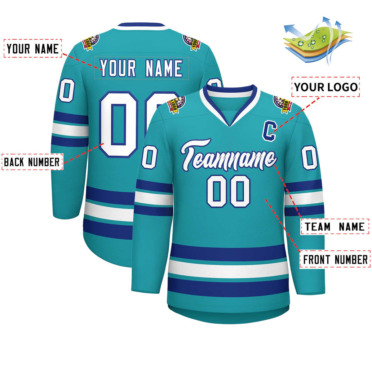 Custom Aqua White-Royal Classic Style Hockey Jersey