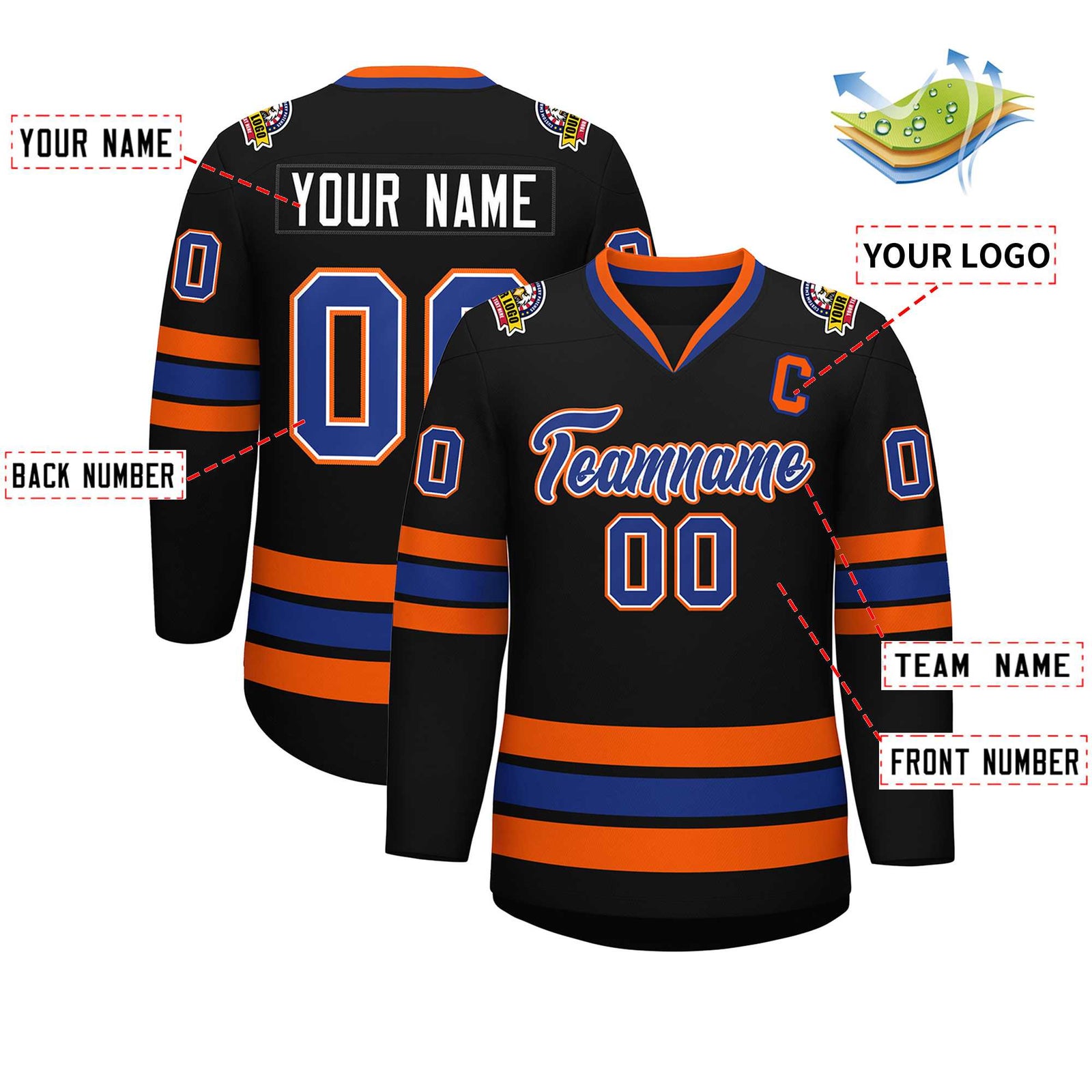 Custom Black Royal White-Orange Classic Style Hockey Jersey