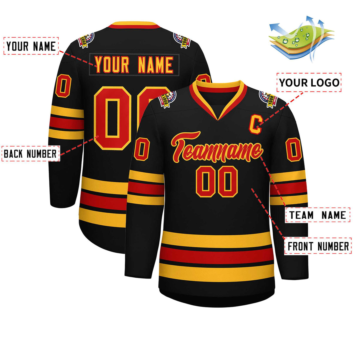 Custom Black Red-Gold Classic Style Hockey Jersey