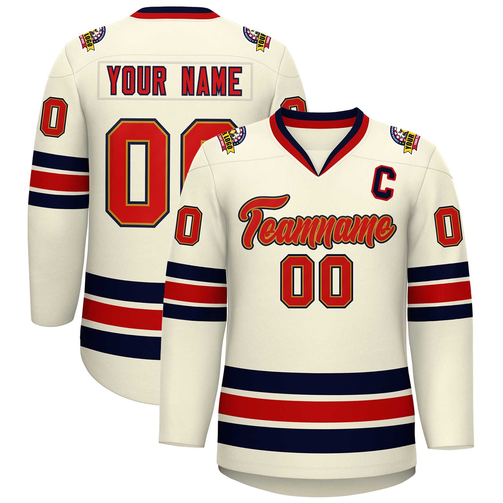 Custom Khaki Red Old Gold-Navy Classic Style Hockey Jersey