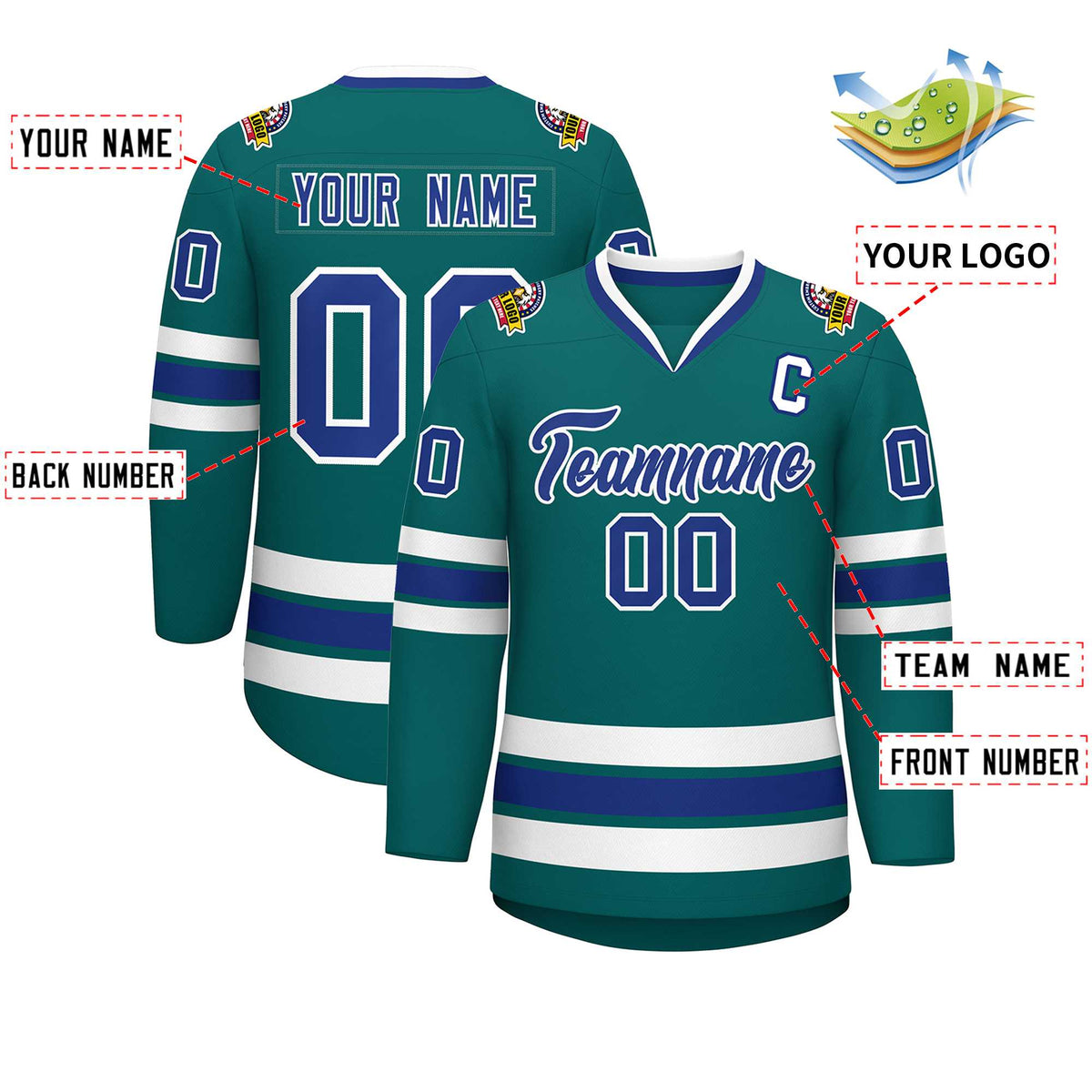Custom Aqua Royal-White Classic Style Hockey Jersey