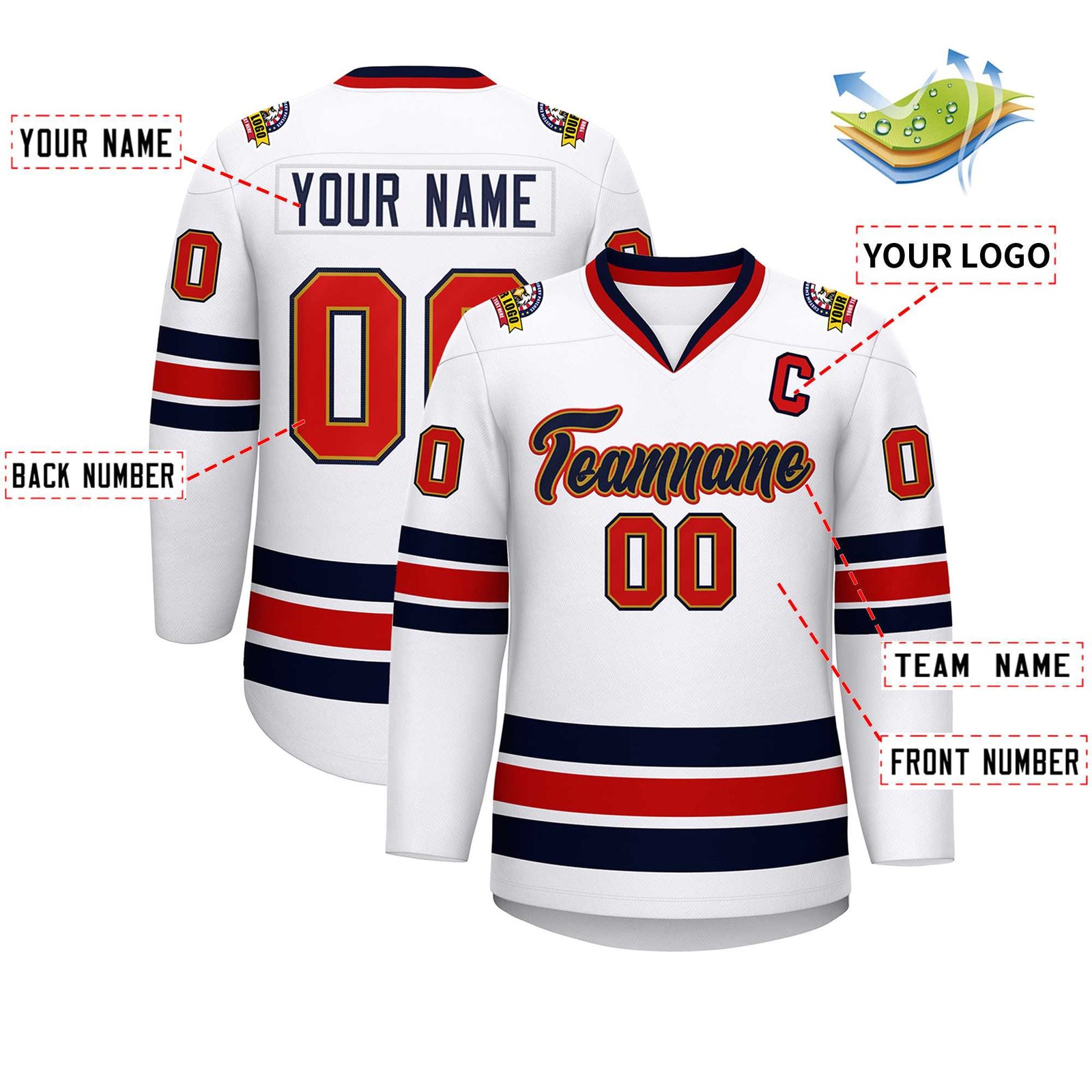 Custom White Navy Old Gold-Red Classic Style Hockey Jersey