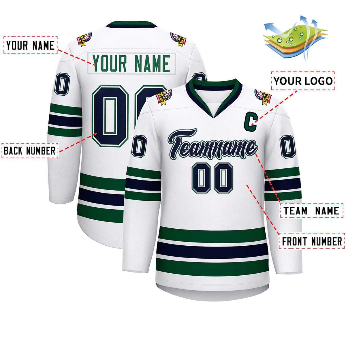 Custom White Navy White-Green Classic Style Hockey Jersey