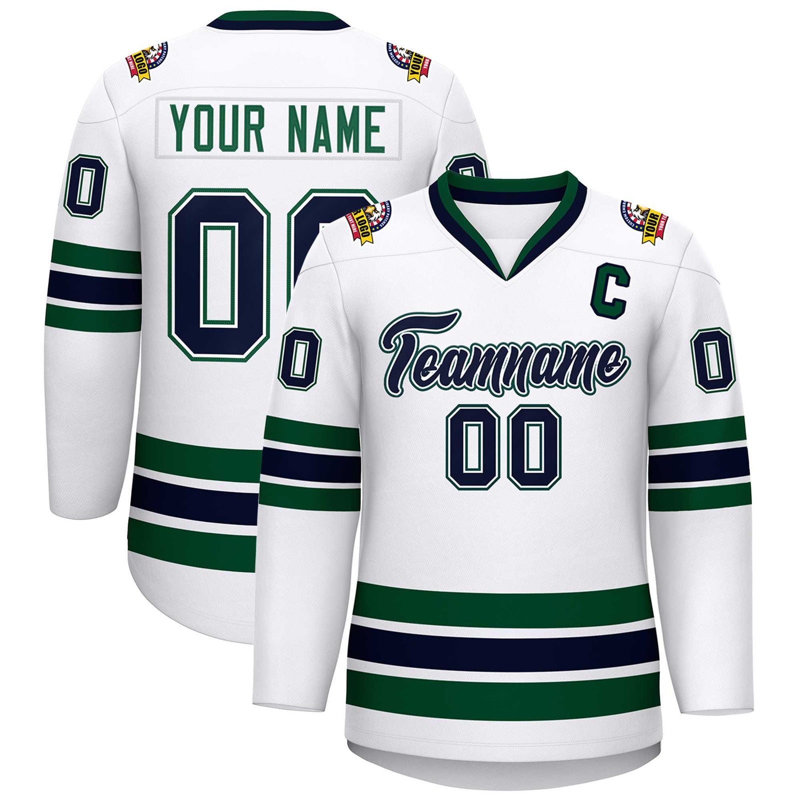 Custom White Navy White-Green Classic Style Hockey Jersey