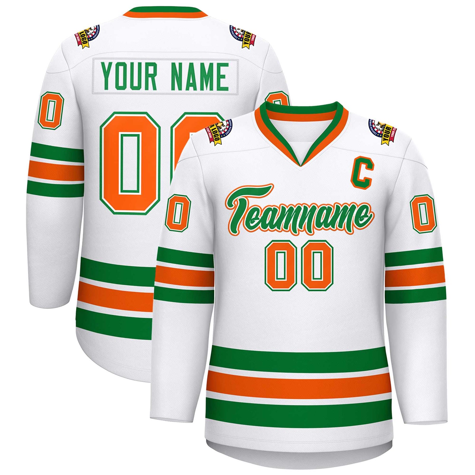 Custom White Kelly Green White-Orange Classic Style Hockey Jersey