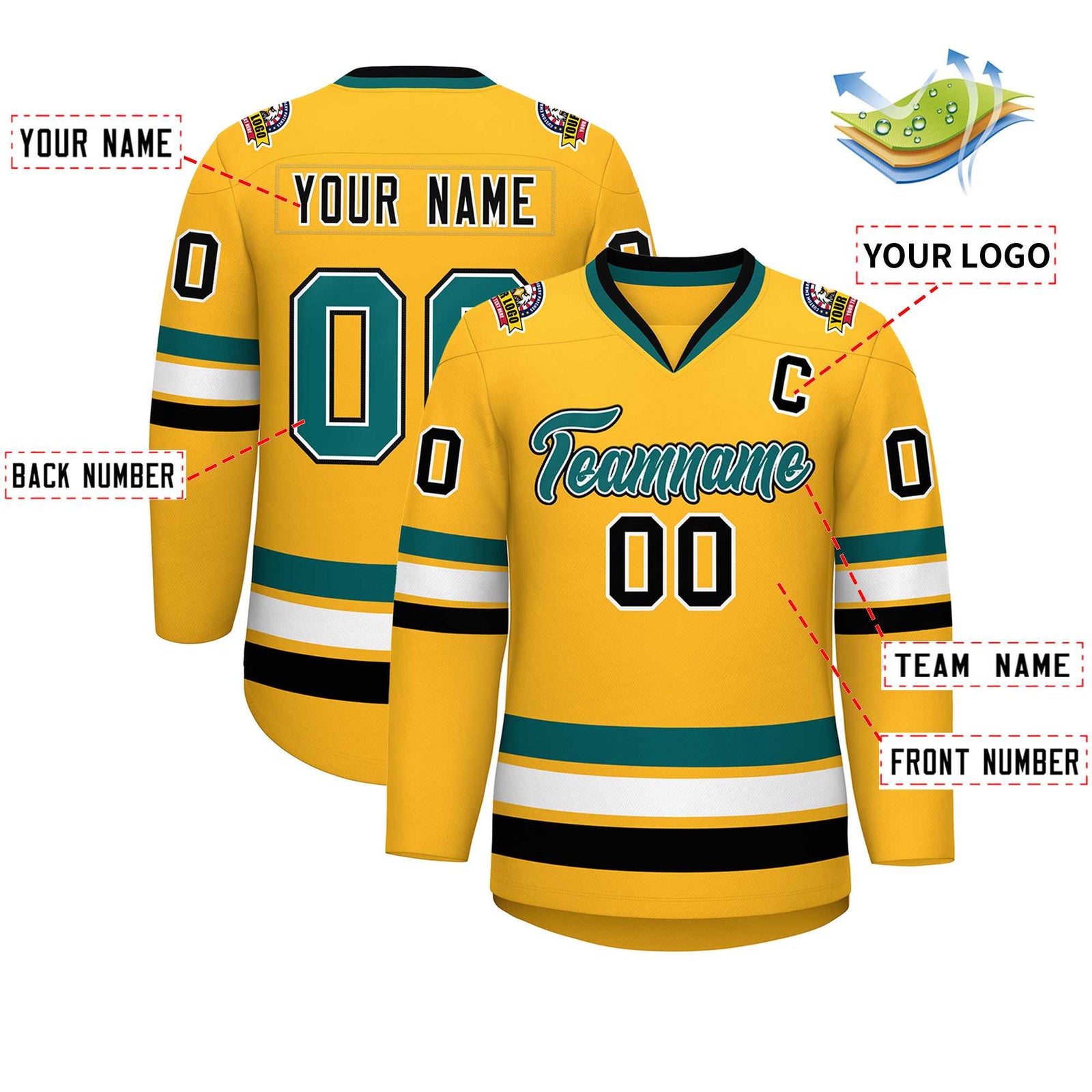 Custom Gold Aqua White-Black Classic Style Hockey Jersey