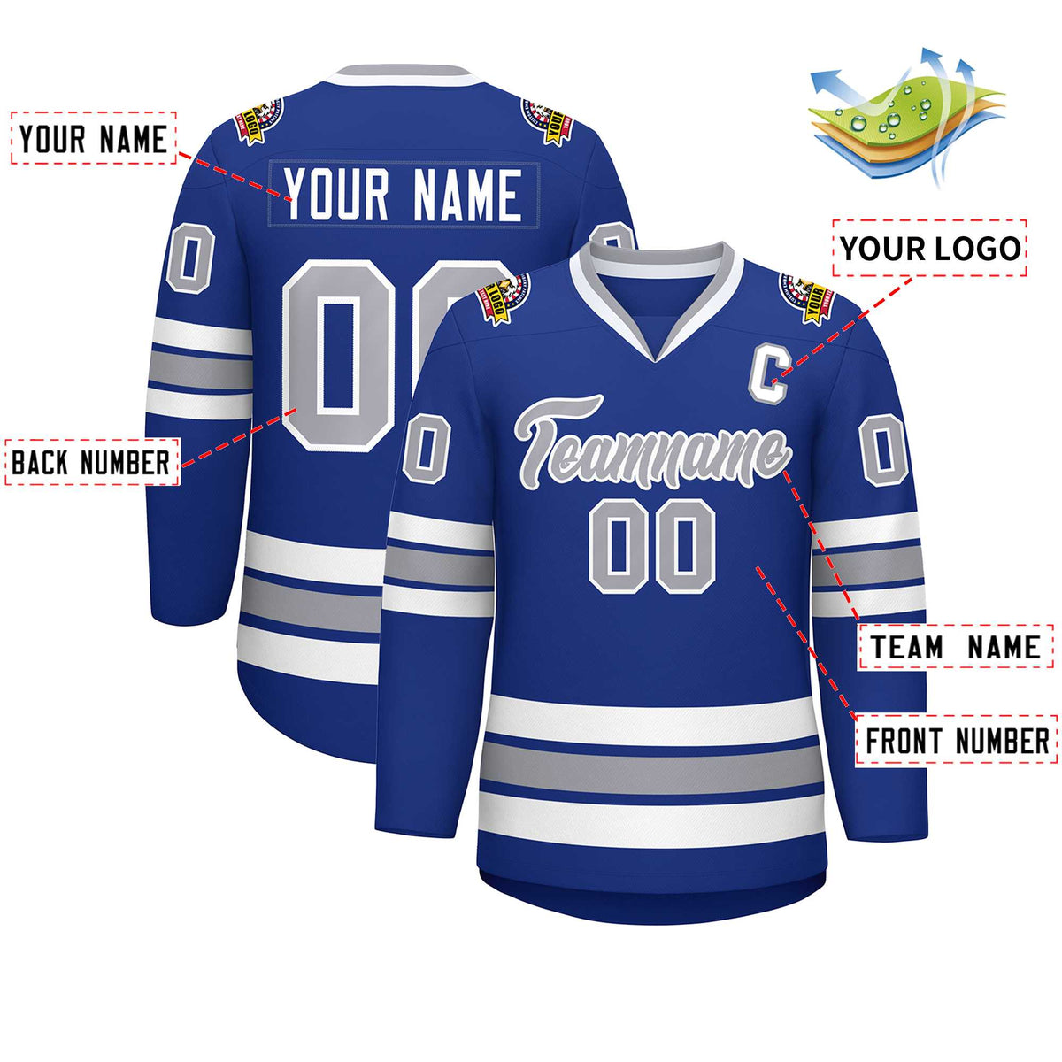 Custom Royal Gray-White Classic Style Hockey Jersey