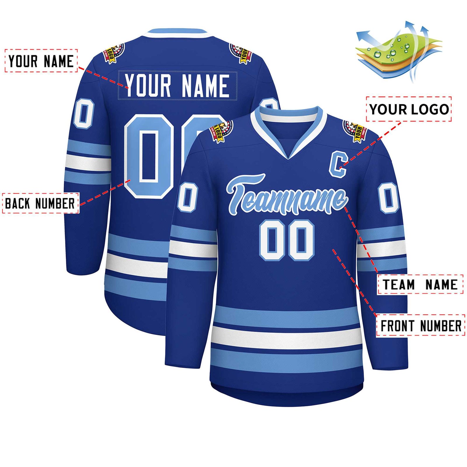 Custom Royal Light Blue-White Classic Style Hockey Jersey