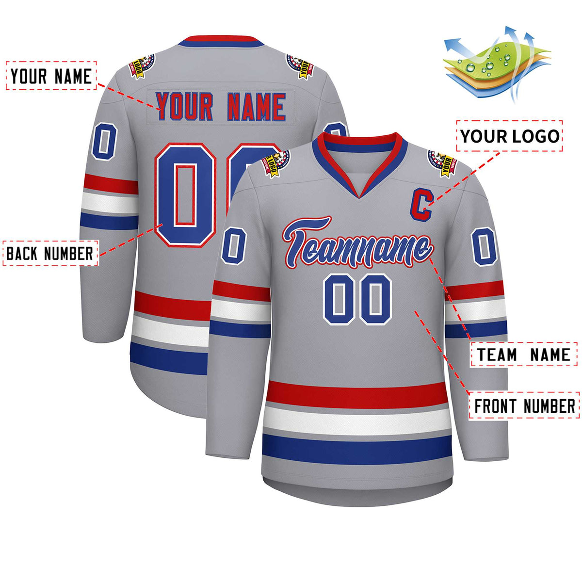 Custom Gray Royal White-Red Classic Style Hockey Jersey