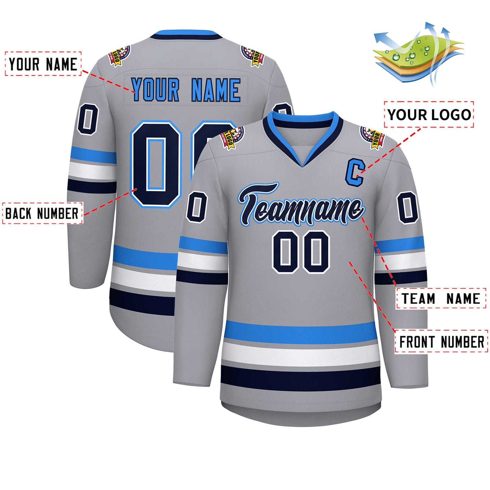 Custom Gray Navy White-Powder Blue Classic Style Hockey Jersey