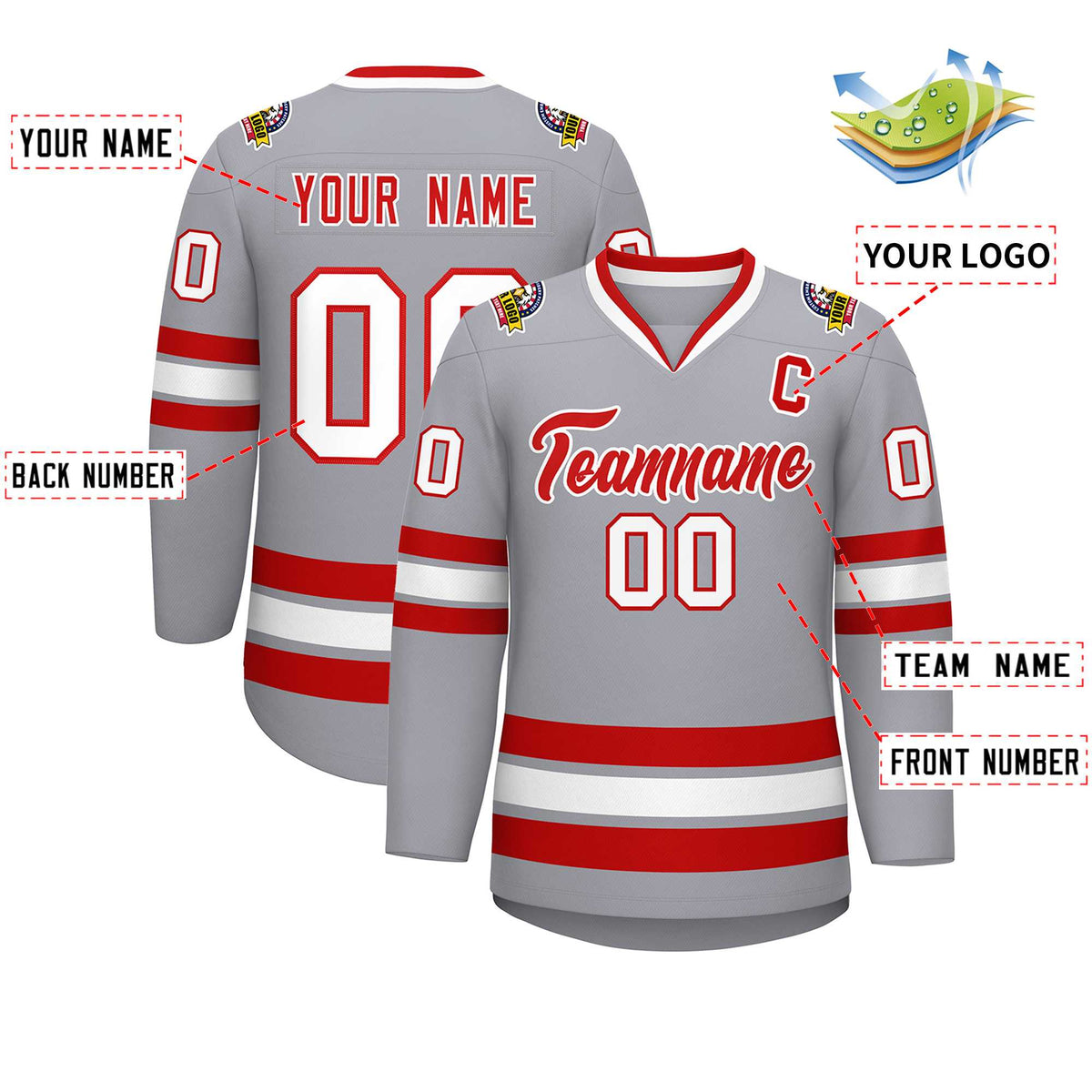 Custom Gray Red-White Classic Style Hockey Jersey