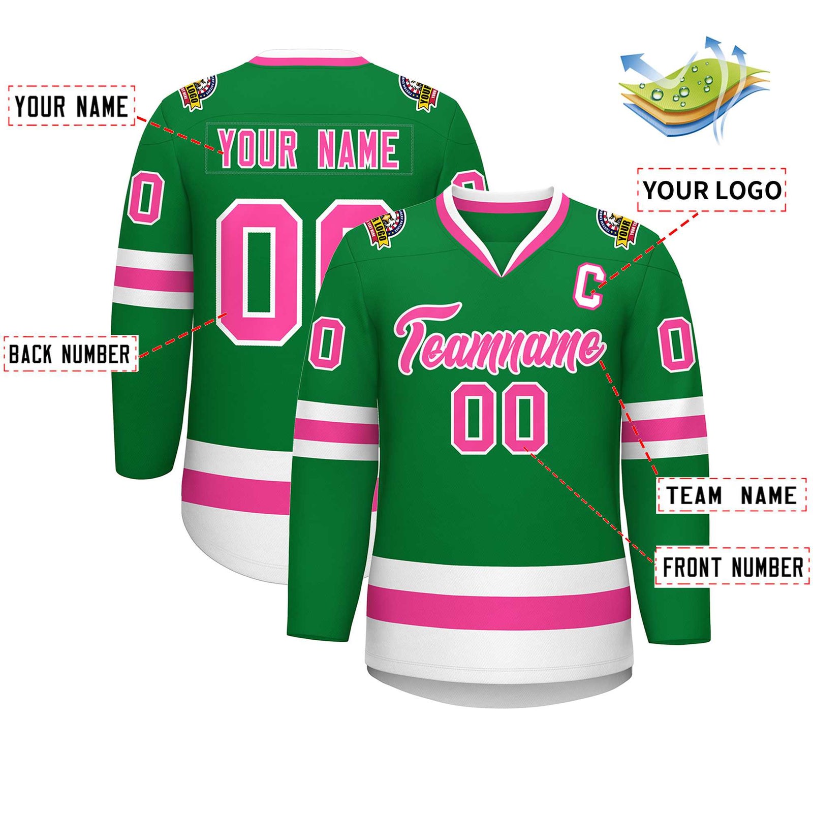 Custom Kelly Green Pink-White Classic Style Hockey Jersey