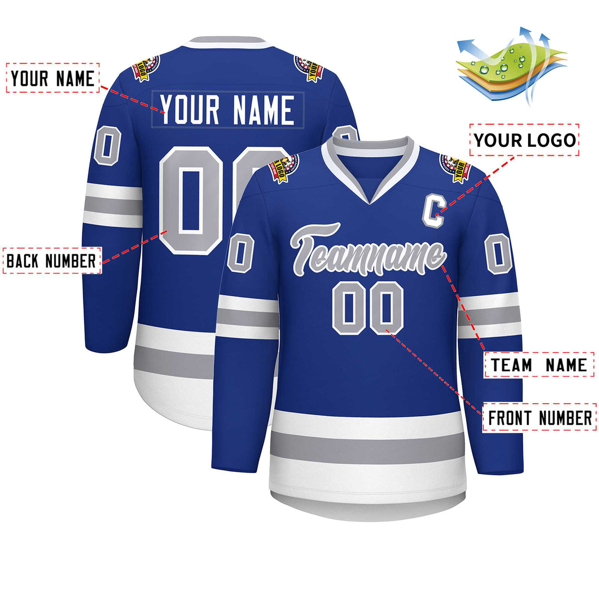 Custom Royal Gray-White Classic Style Hockey Jersey