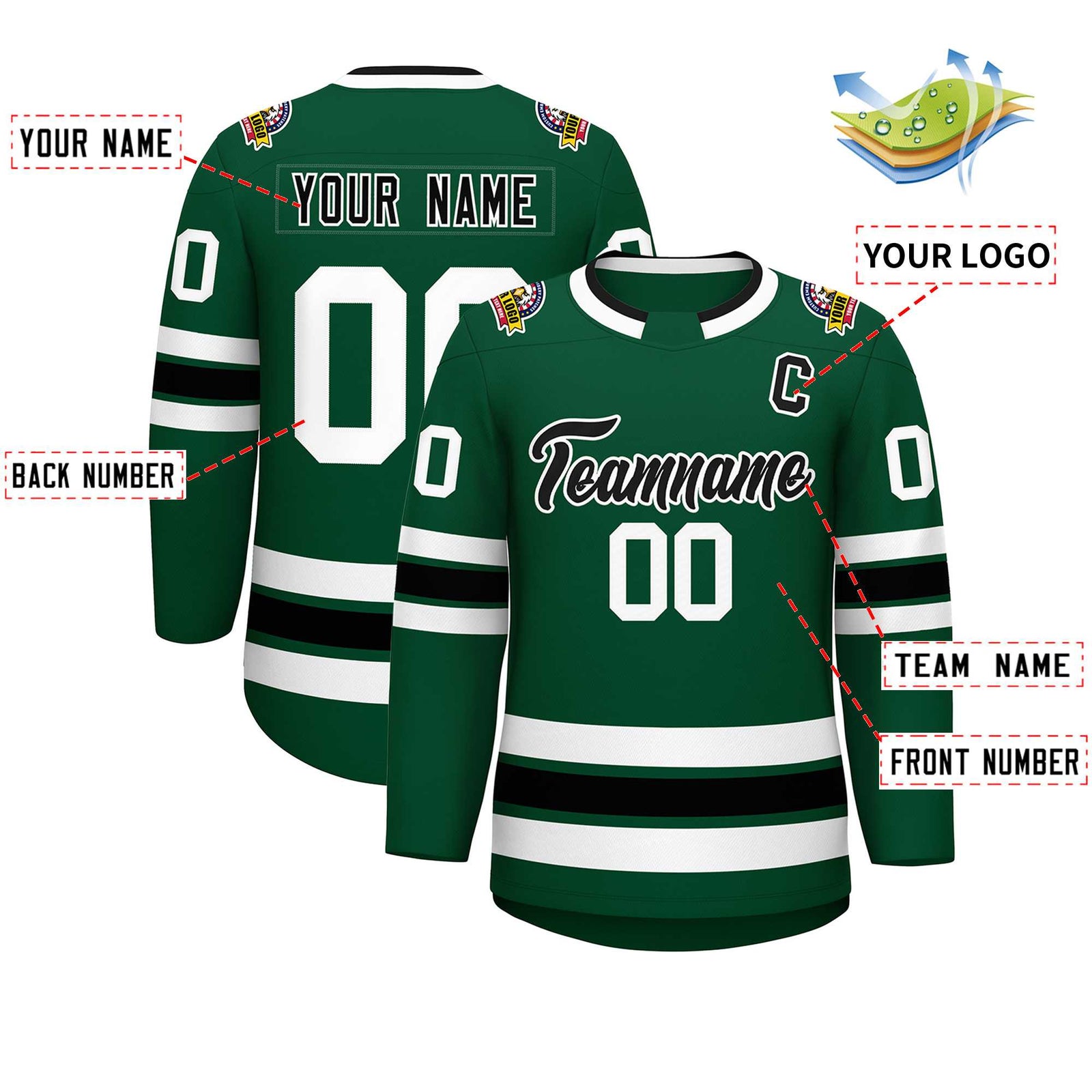 Custom Green Black-White Classic Style Hockey Jersey