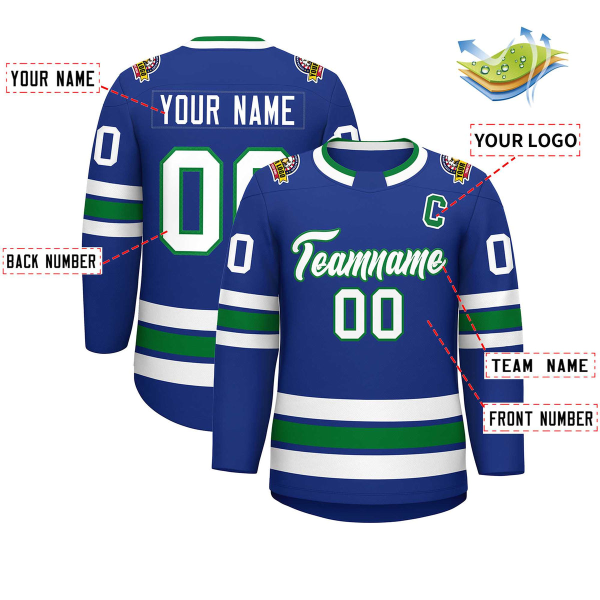 Custom Royal White-Kelly Green Classic Style Hockey Jersey