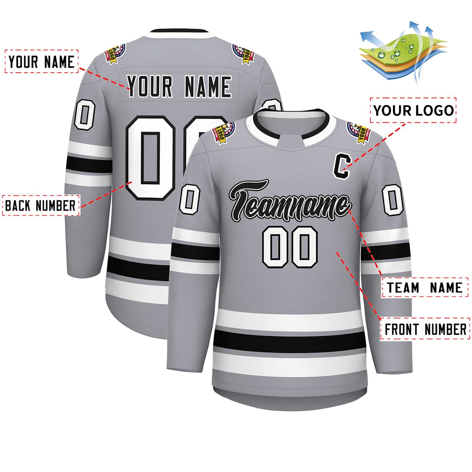 Custom Gray Black White-Black Classic Style Hockey Jersey