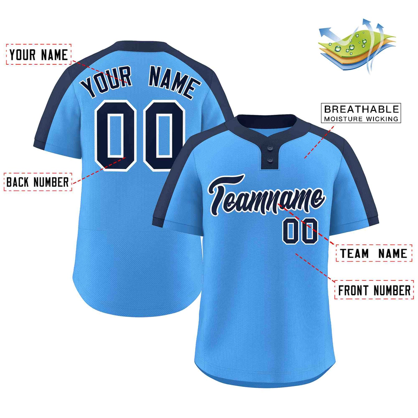 Custom Powder Blue Navy-White Classic Style Authentic Two-Button Softball Jersey