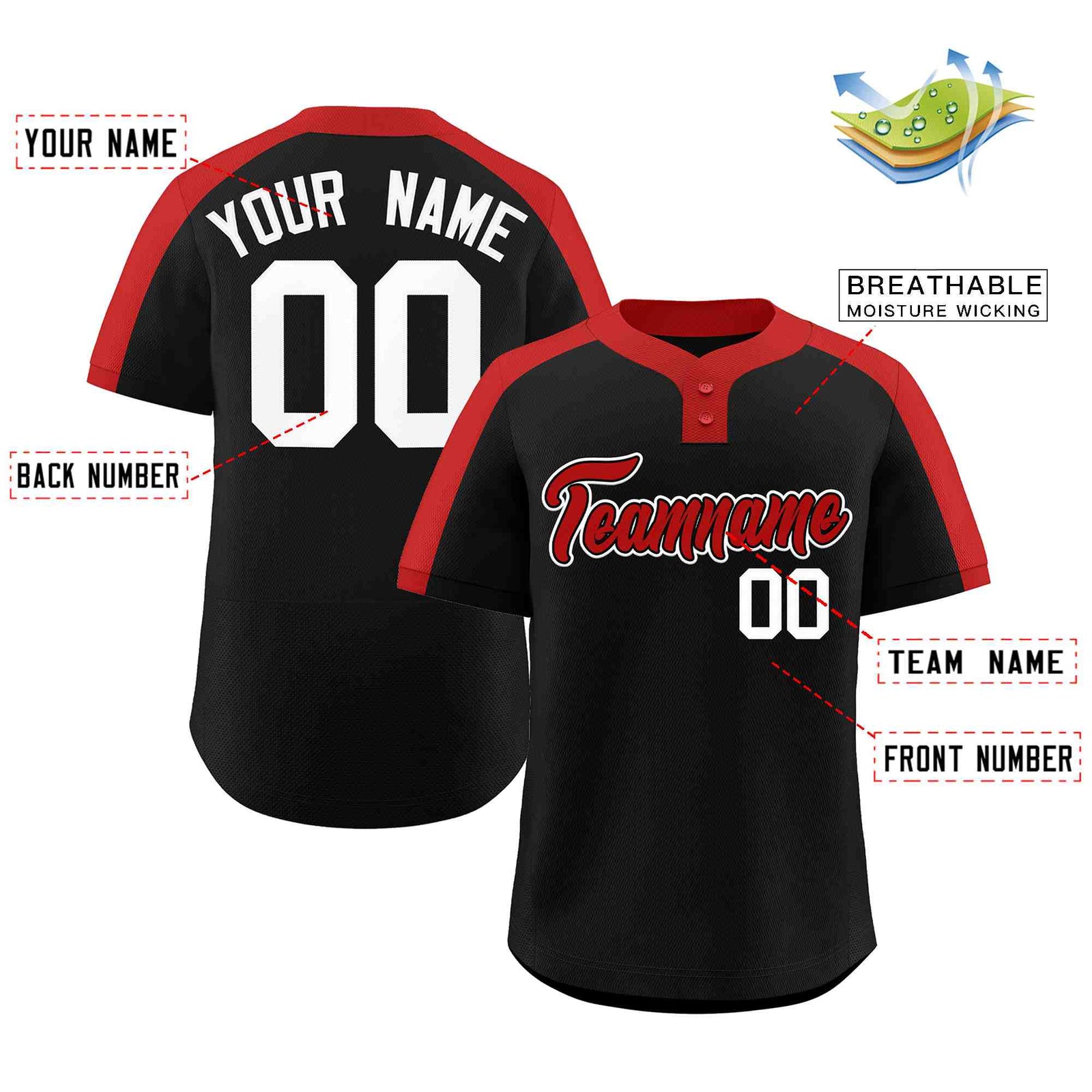 Custom Black Red-Black Classic Style Authentic Two-Button Softball Jersey