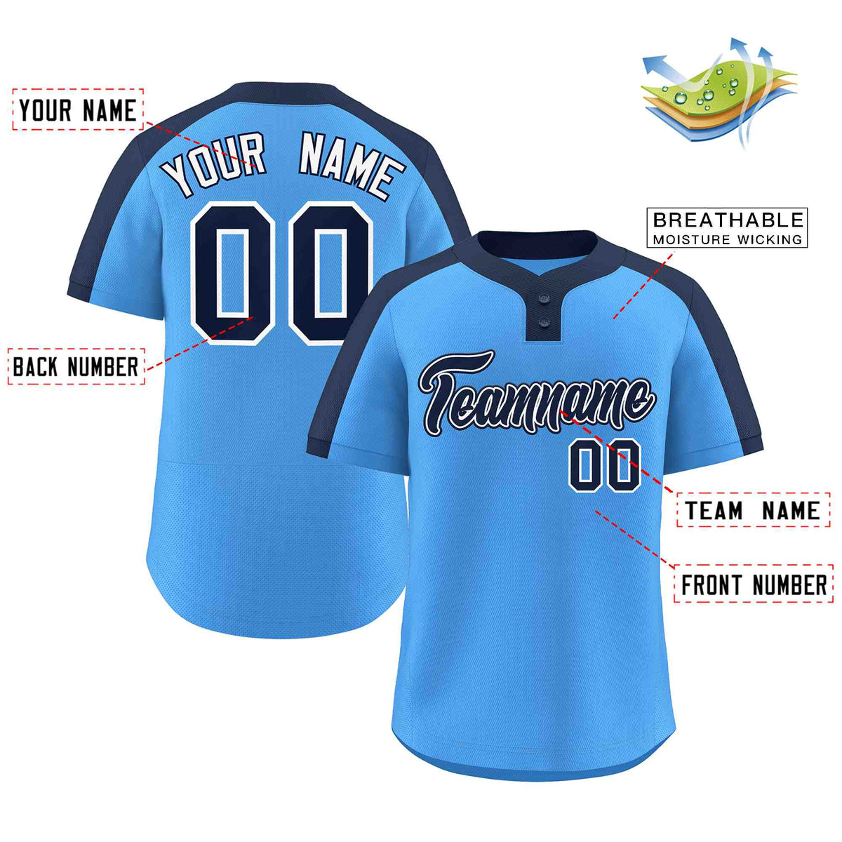 Custom Powder Blue Navy-White Classic Style Authentic Two-Button Softball Jersey