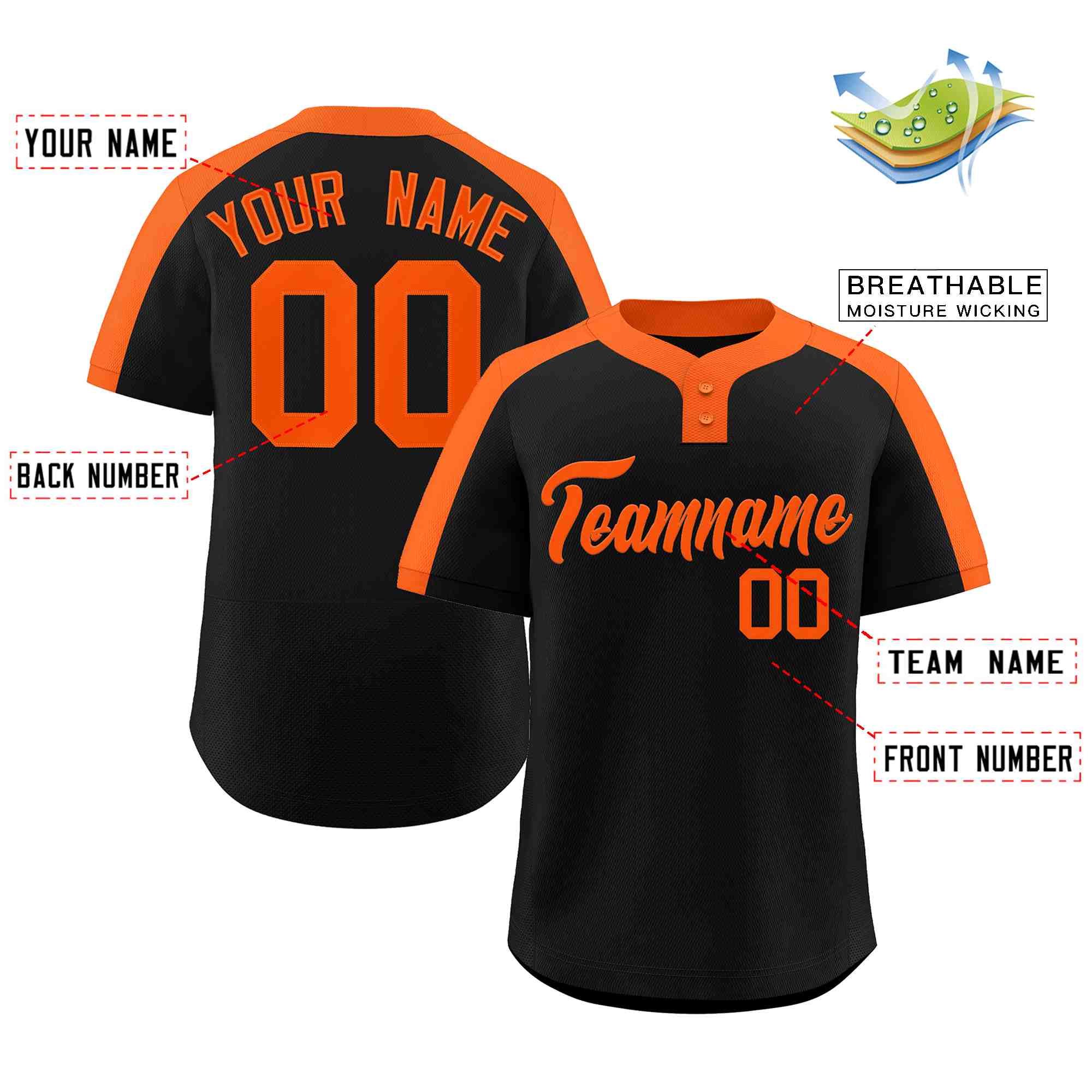 Custom Black Orange Classic Style Authentic Two-Button Softball Jersey
