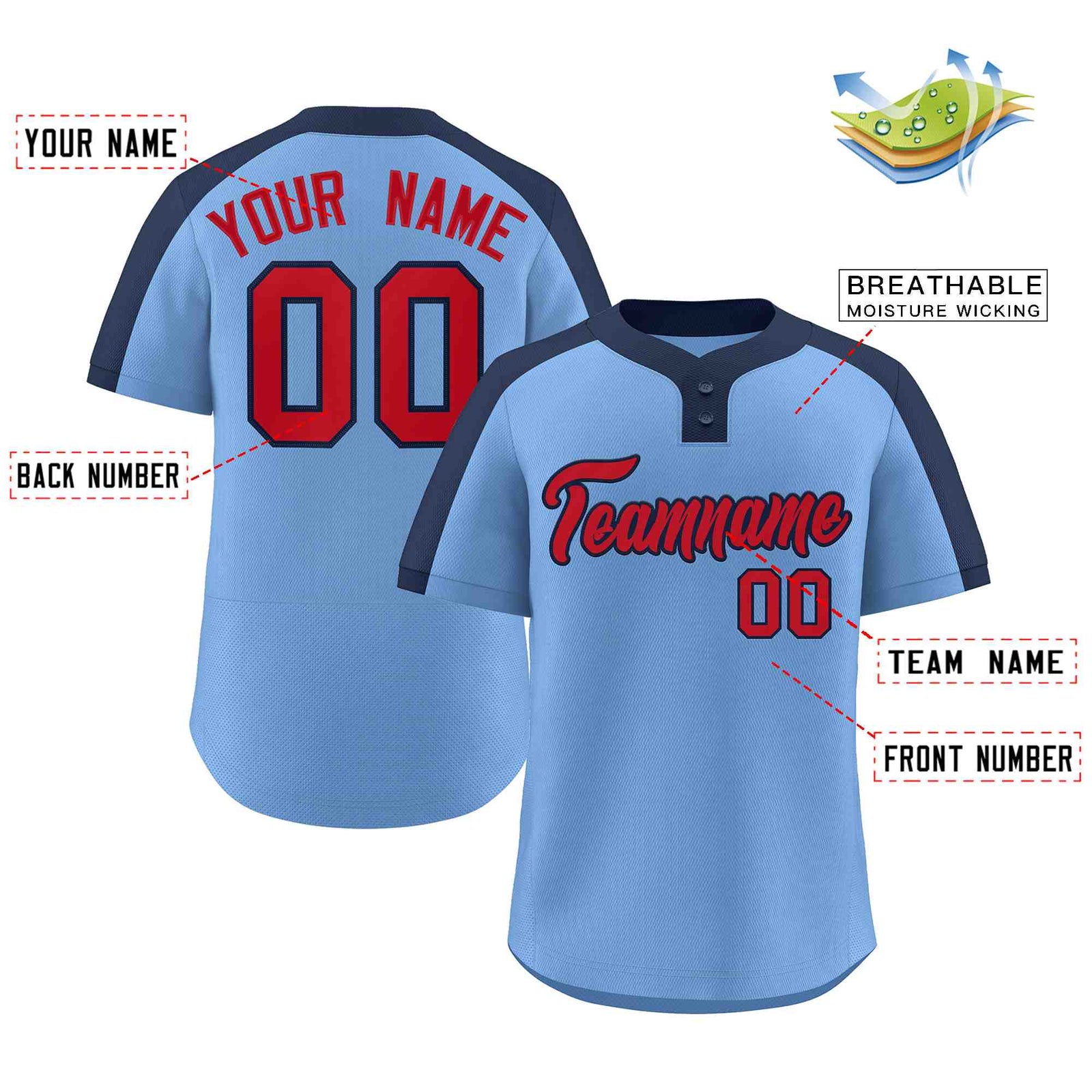 Custom Light Blue Red-Navy Classic Style Authentic Two-Button Softball Jersey