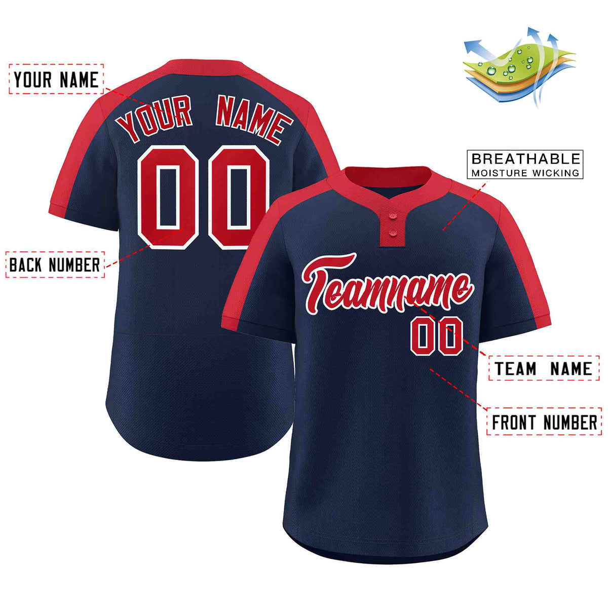 Custom Navy Red-White Classic Style Authentic Two-Button Softball Jersey