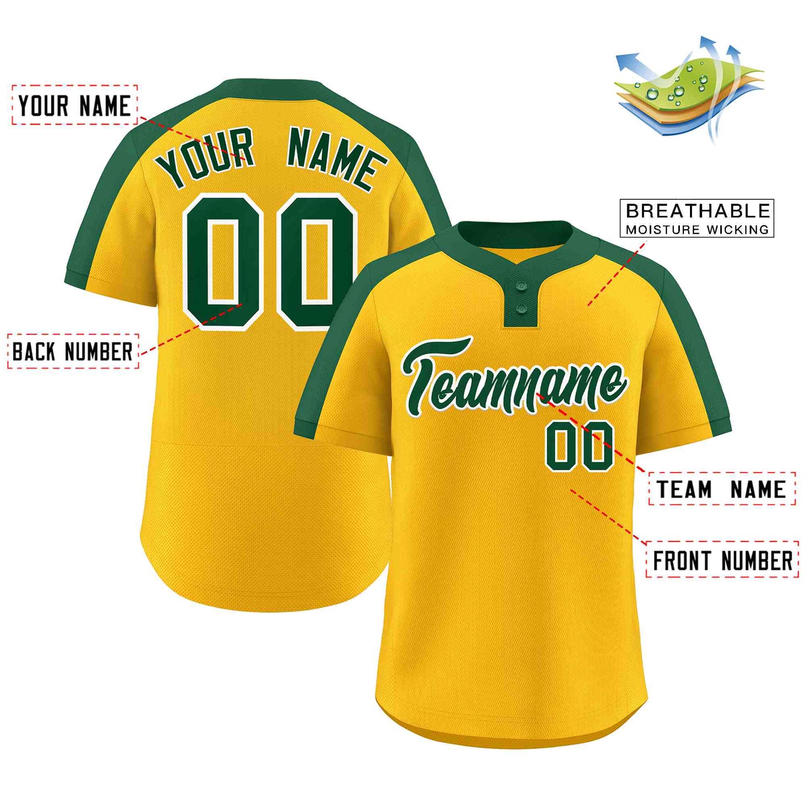 Custom Gold Green-White Classic Style Authentic Two-Button Softball Jersey