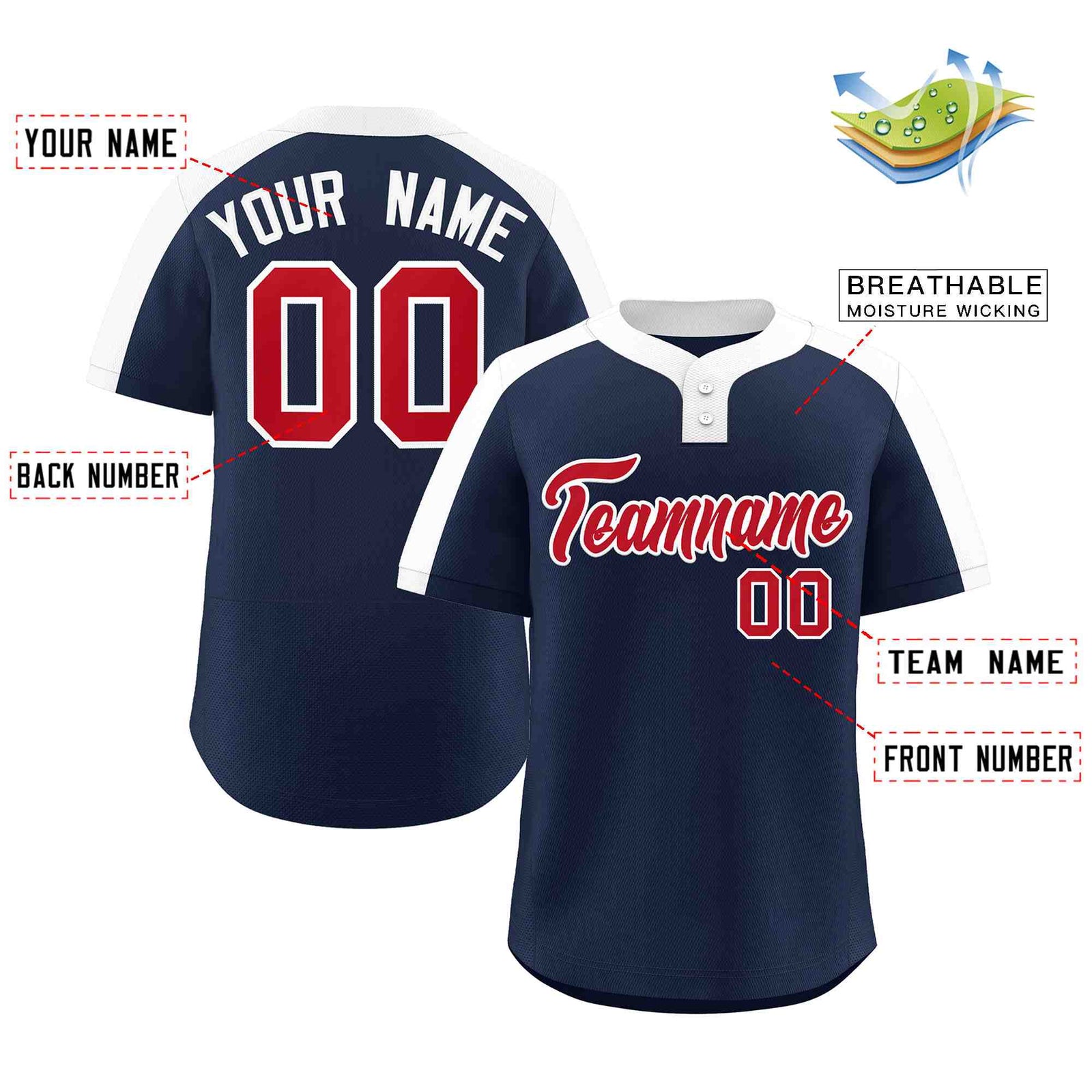 Custom Navy Red-White Classic Style Authentic Two-Button Softball Jersey