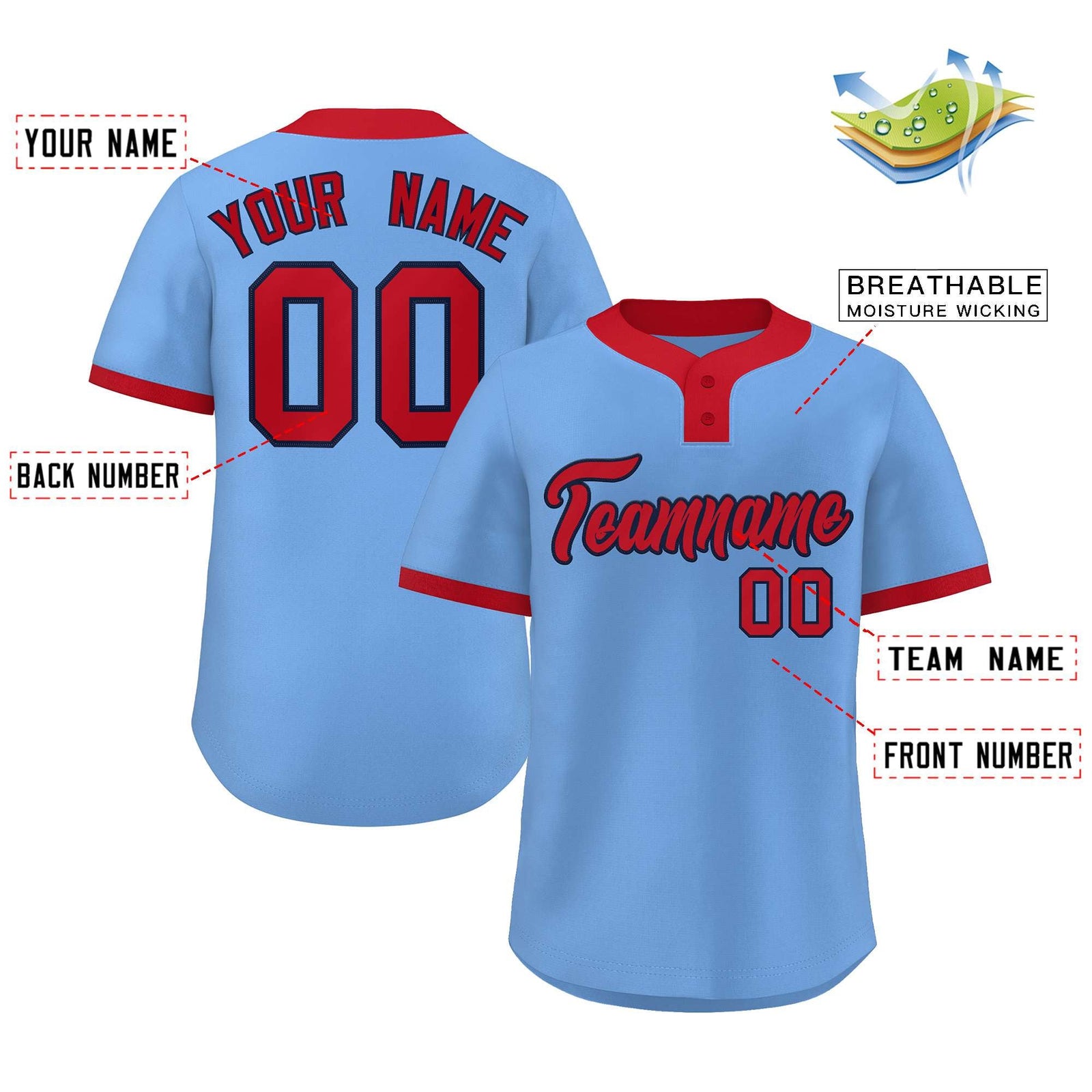 Custom Light Blue Red Classic Style Authentic Two-Button Softball Jersey