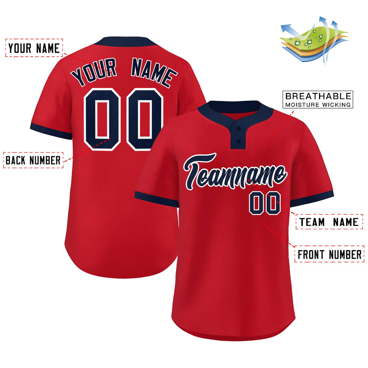 Custom Red Navy-White Classic Style Authentic Two-Button Softball Jersey