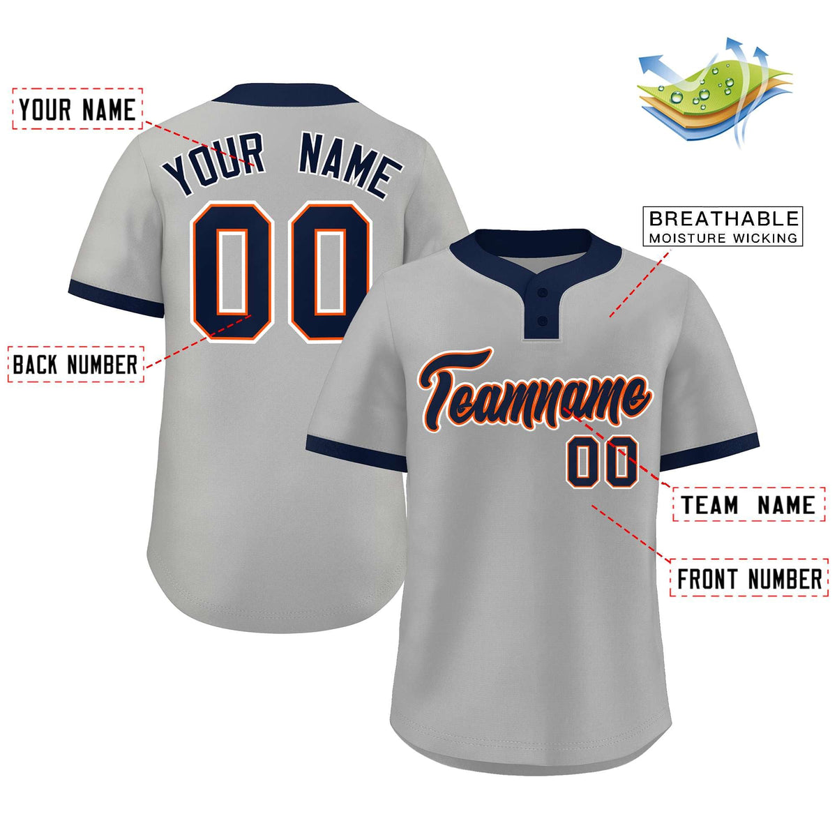 Custom Gray Navy-White Classic Style Authentic Two-Button Softball Jersey