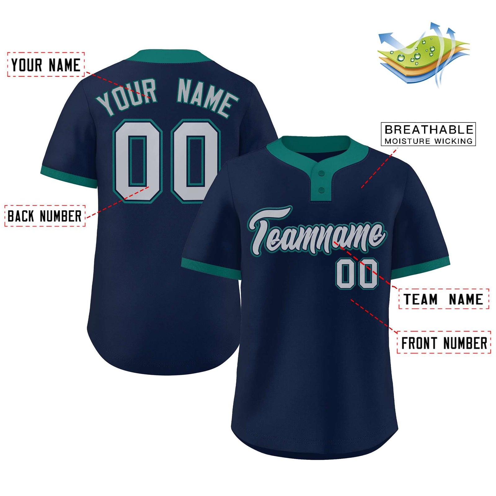 Custom Navy Gray-Aqua Classic Style Authentic Two-Button Softball Jersey