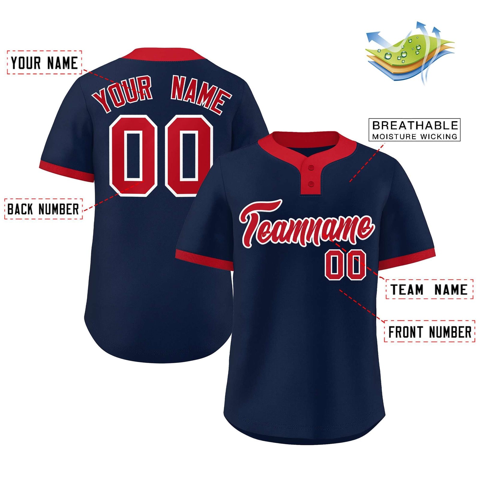 Custom Navy Red Classic Style Authentic Two-Button Softball Jersey